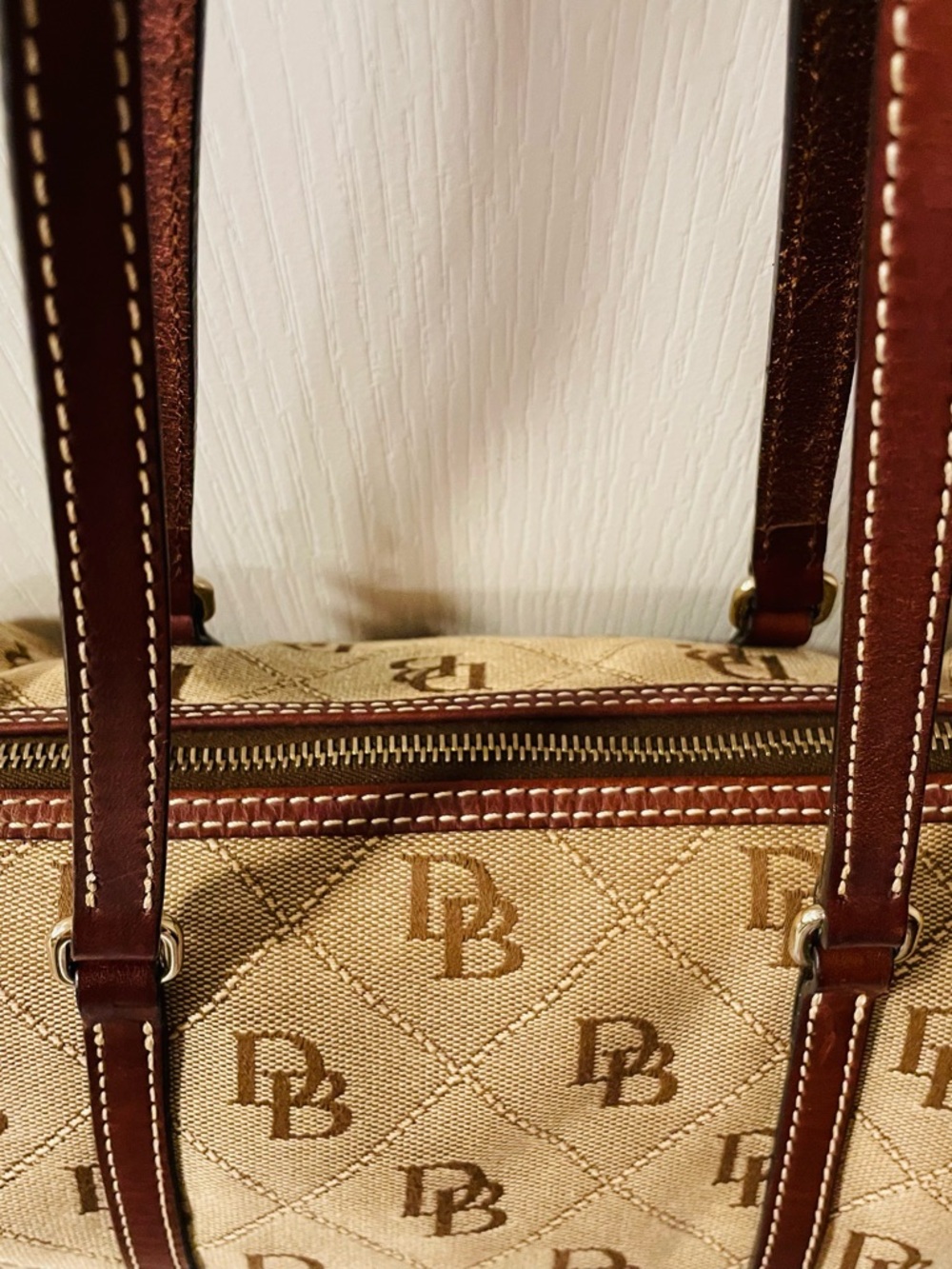 Dooney & Bourke Beige and Brown Monogram Barrel Shoulder Bag - Picture 2 of 11